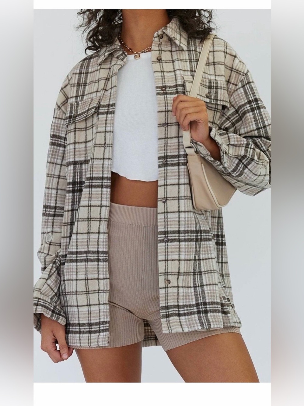 Princess Polly Plaid Teddy Shacket in Cream and black top set of two pieces.
